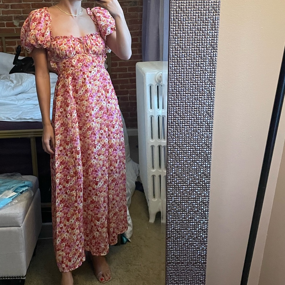 For Love And Lemons Felicia Pink Orange Puff Sleeve Midi Dress